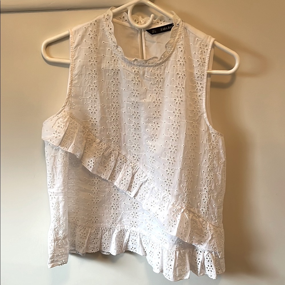 Zara White Eyelet Ruffle Top